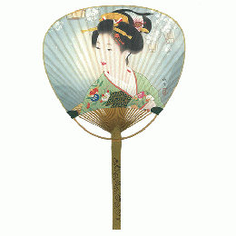 竹うちわ　美人画　鼓